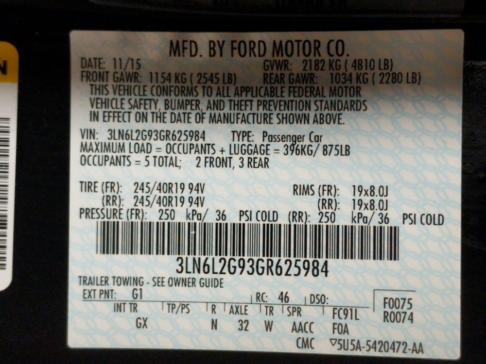 2016 Lincoln MKZ - VIN Plate