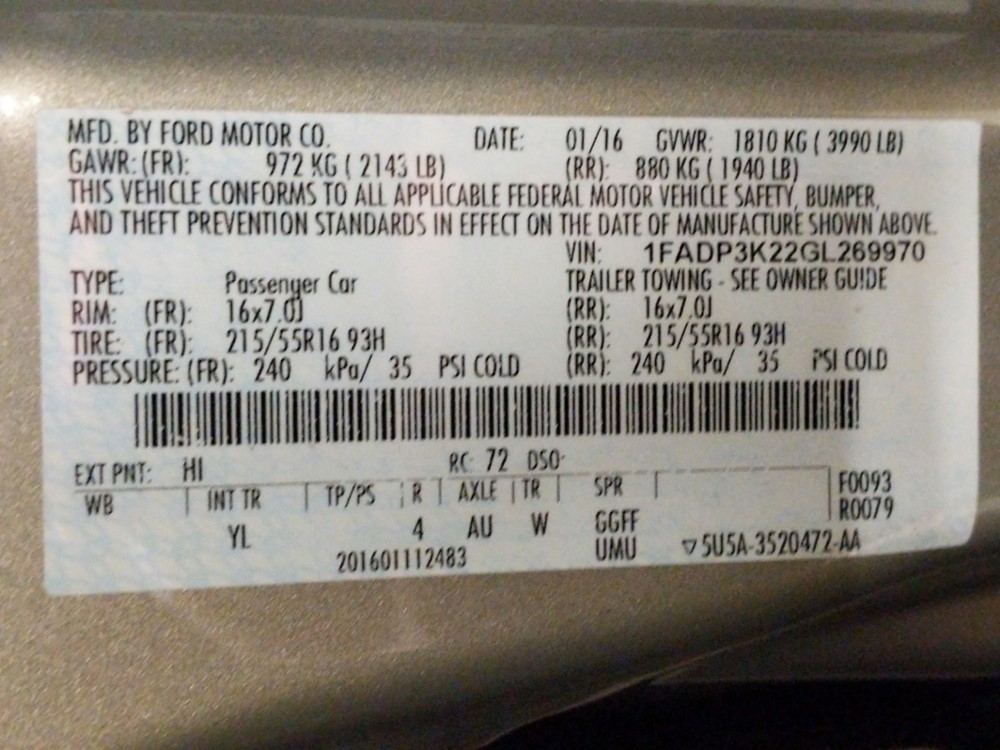 2016 Ford Focus - VIN Plate
