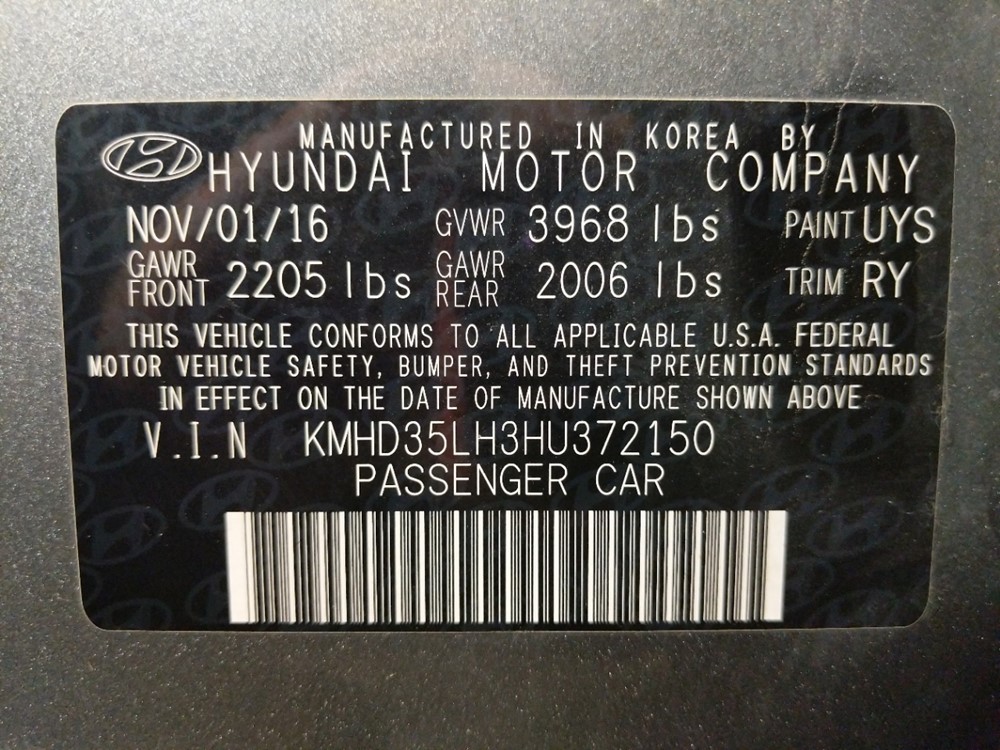 2017 Hyundai Elantra - VIN Plate