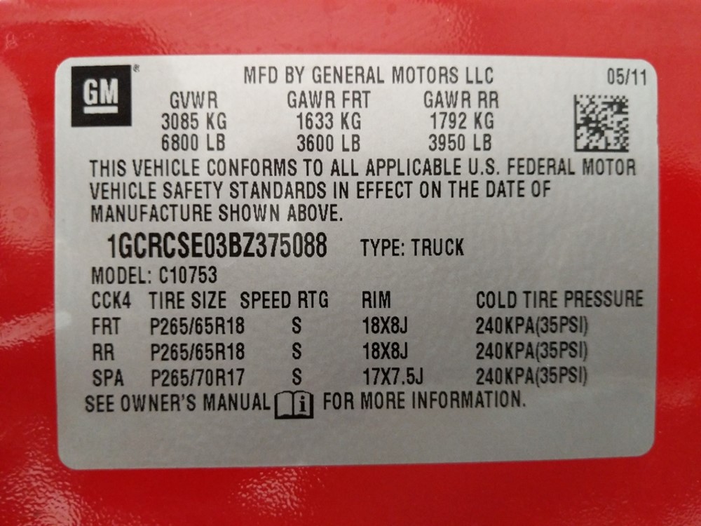 2011 Chevrolet Silverado 1500 - VIN Plate