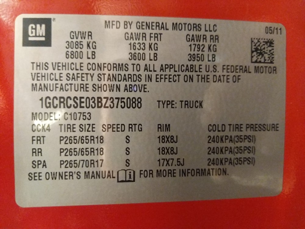 2011 Chevrolet Silverado 1500 - VIN Plate