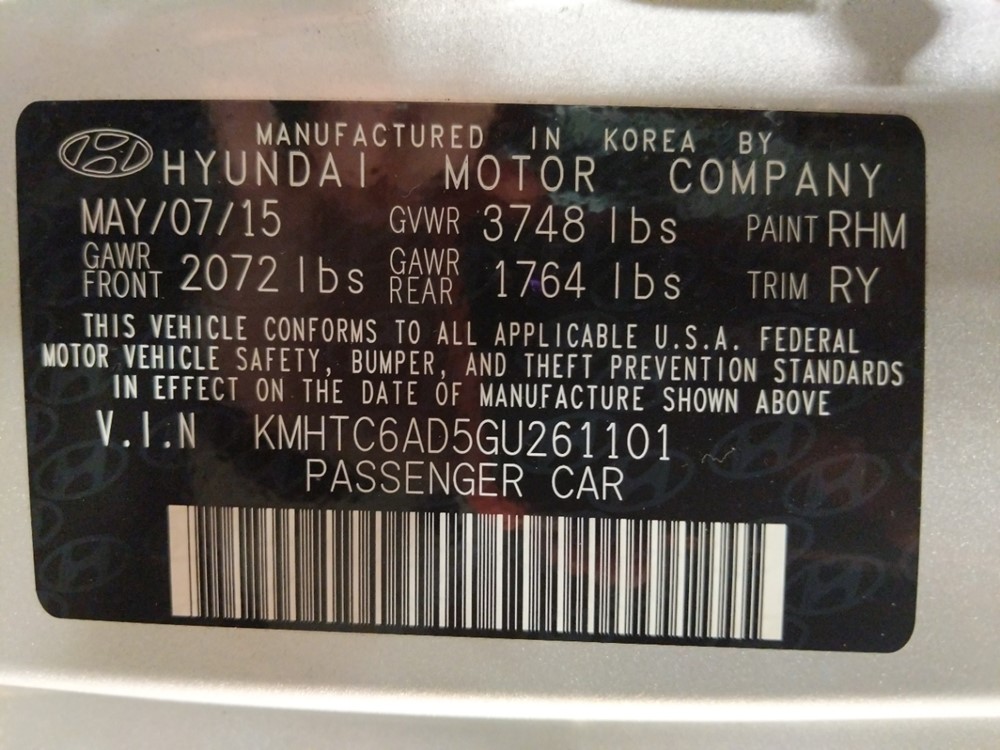 2016 Hyundai Veloster - VIN Plate