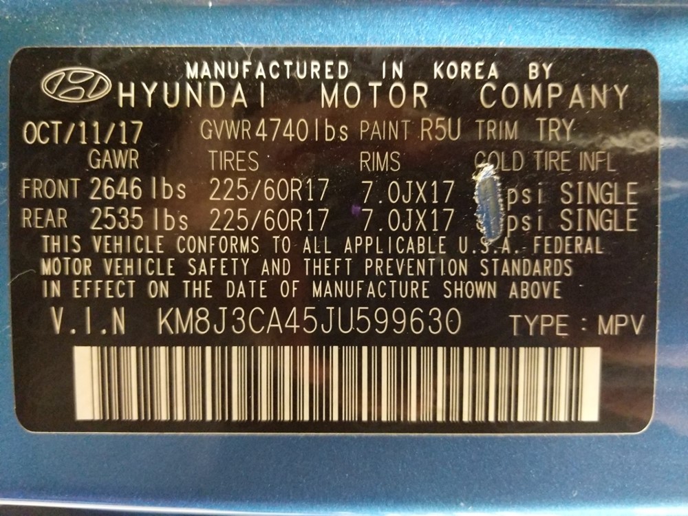 2018 Hyundai Tucson - VIN Plate