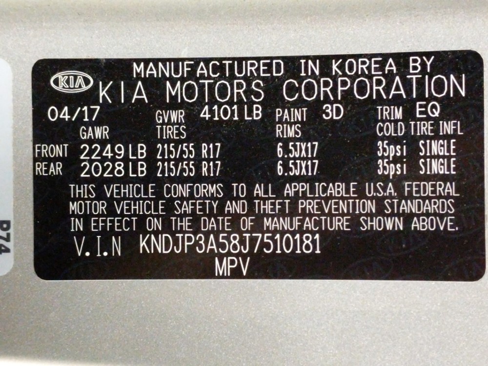 2018 Kia Soul - VIN Plate