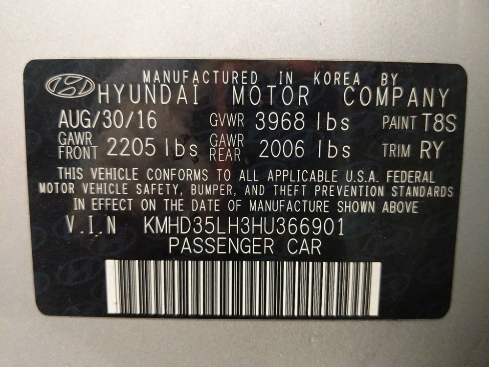 2017 Hyundai Elantra - VIN Plate