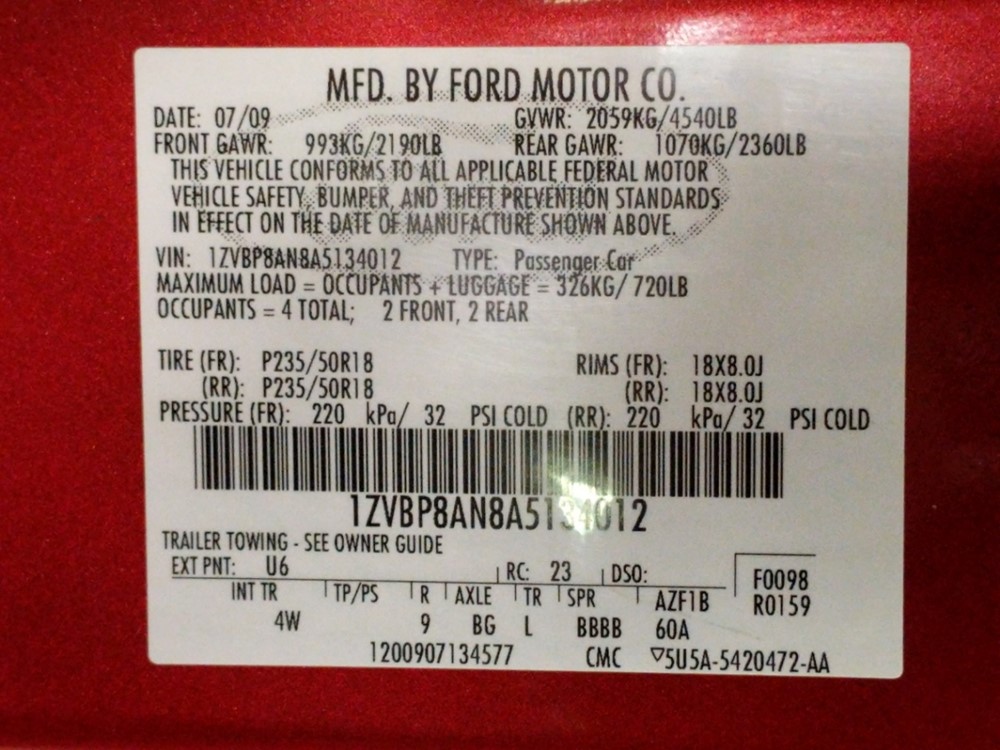2010 Ford Mustang - VIN Plate