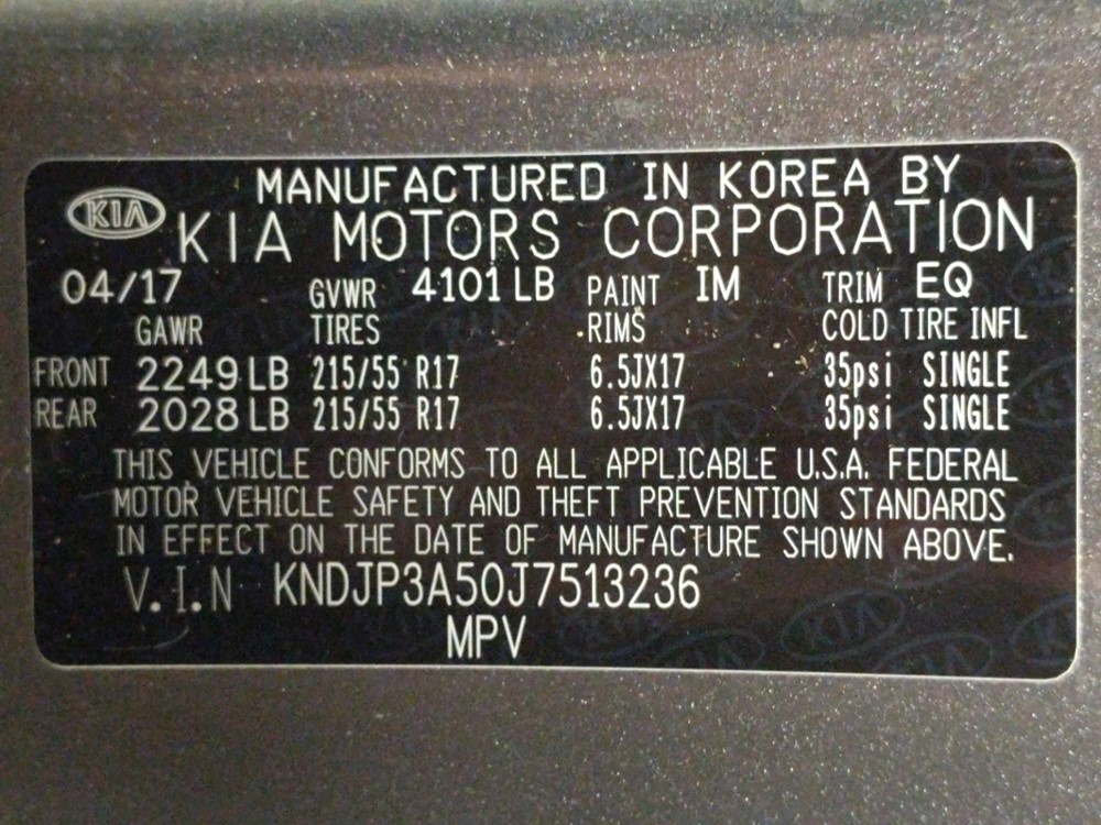2018 Kia Soul - VIN Plate