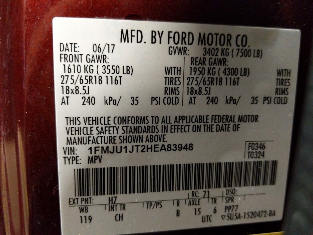 2017 Ford Expedition - VIN Plate