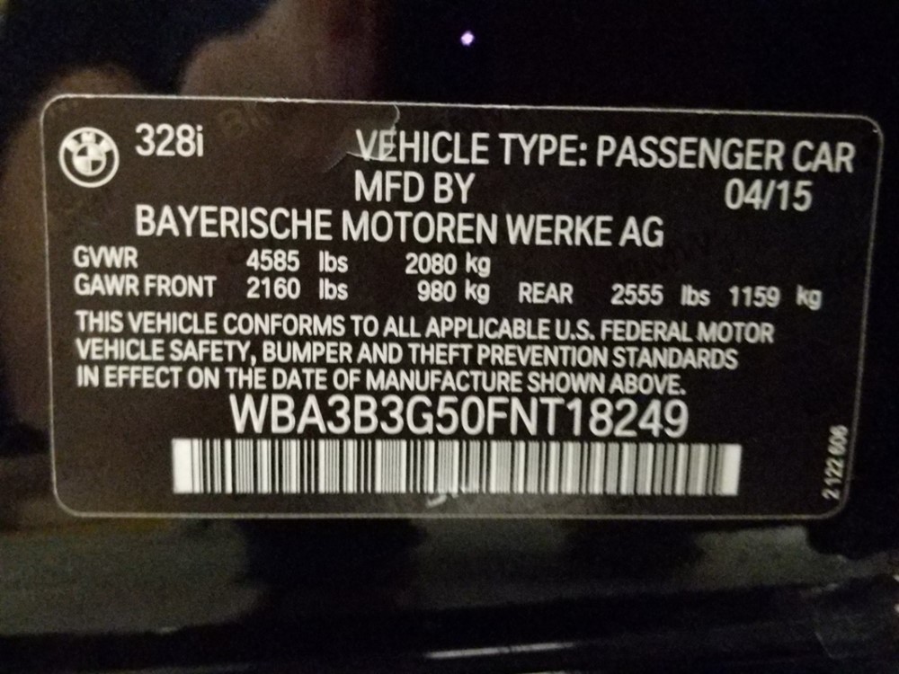 2015 BMW 328i - VIN Plate