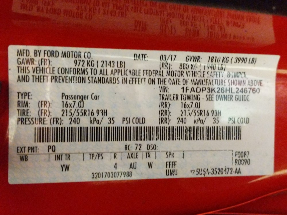 2017 Ford Focus - VIN Plate
