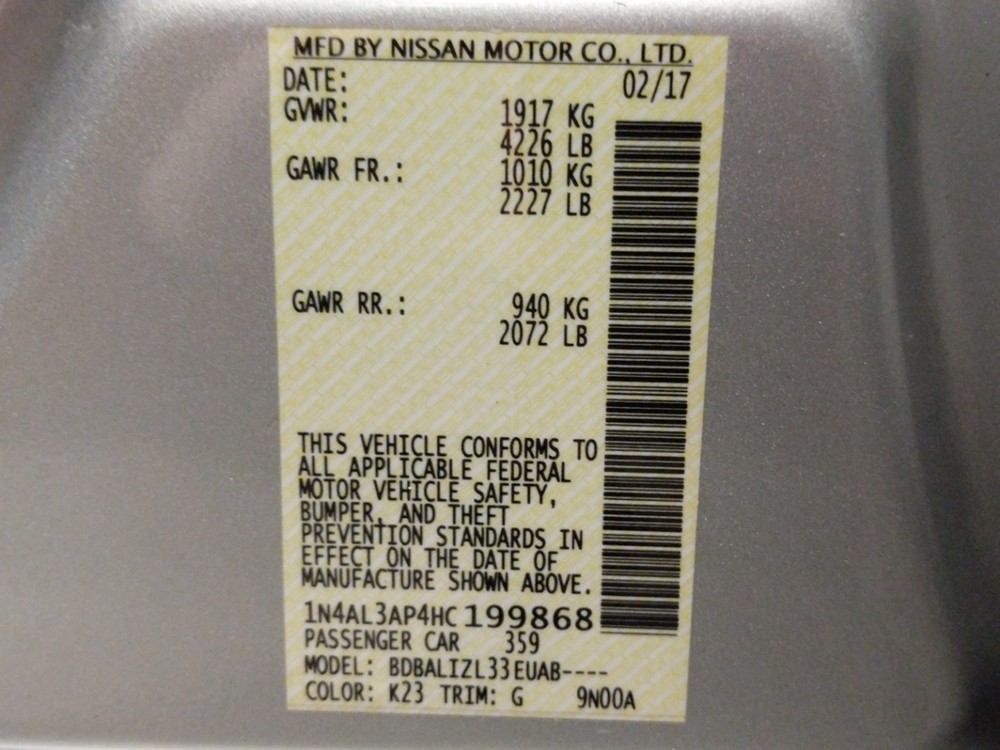 2017 Nissan Altima - VIN Plate