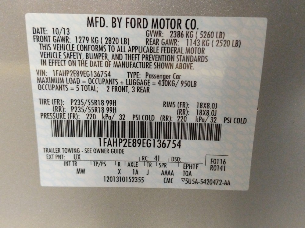 2014 Ford Taurus - VIN Plate