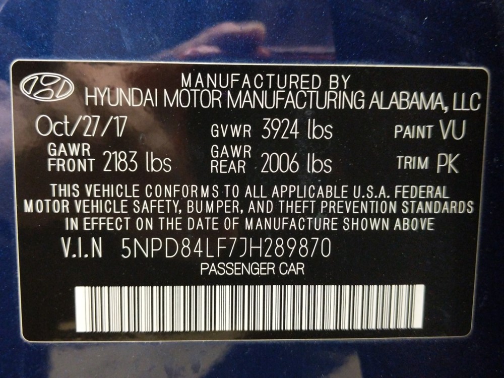 2018 Hyundai Elantra - VIN Plate