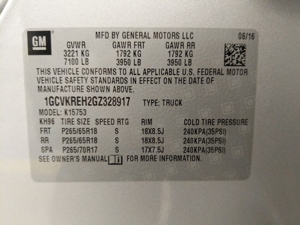 2016 Chevrolet Silverado 1500 - VIN Plate