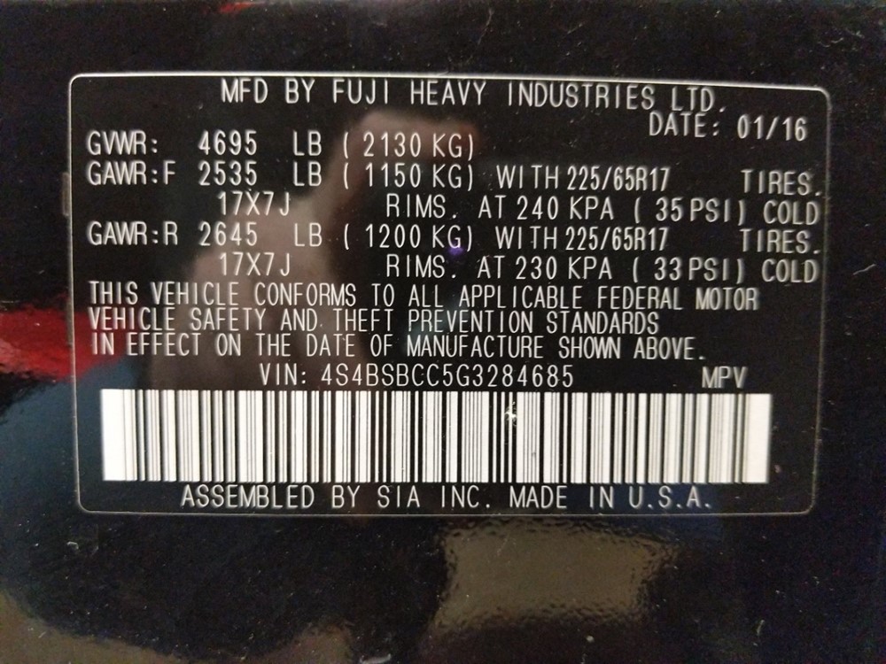 2016 Subaru Outback - VIN Plate
