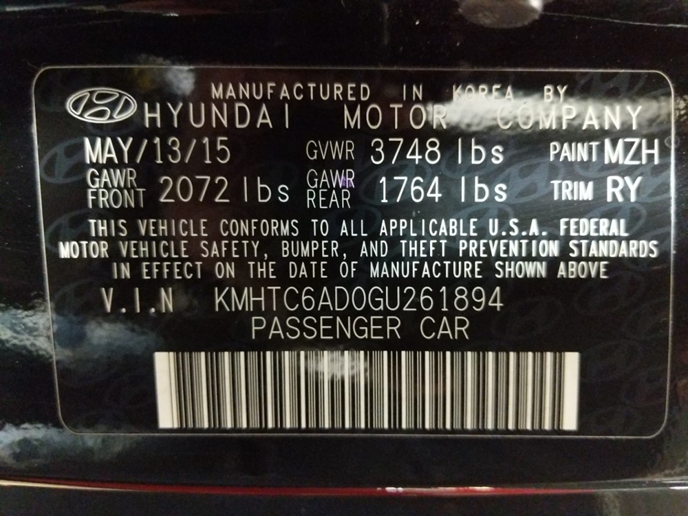 2016 Hyundai Veloster - VIN Plate