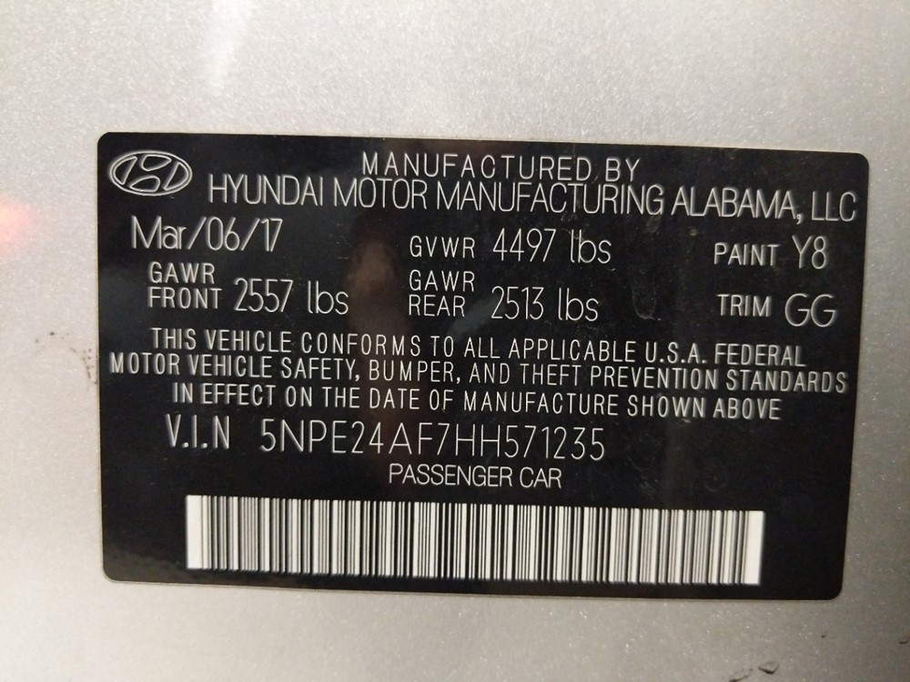 2017 Hyundai Sonata - VIN Plate
