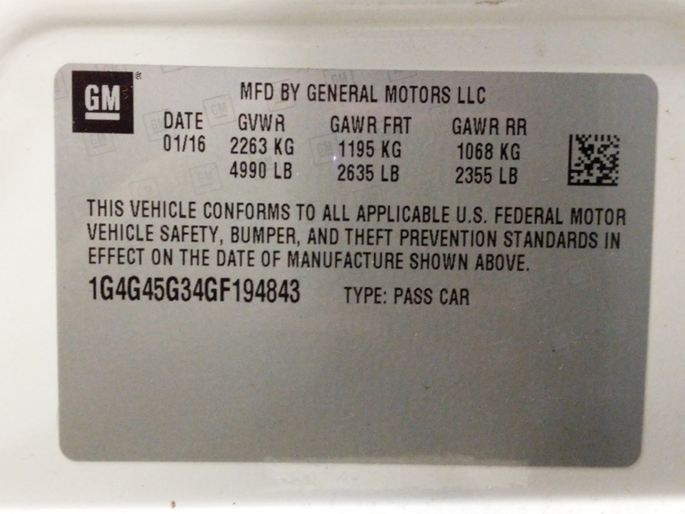 2016 Buick LaCrosse - VIN Plate
