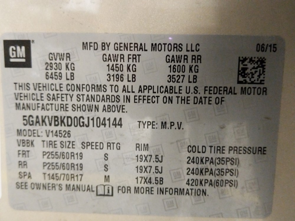 2016 Buick Enclave - VIN Plate