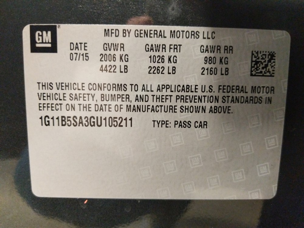 2016 Chevrolet Malibu - VIN Plate