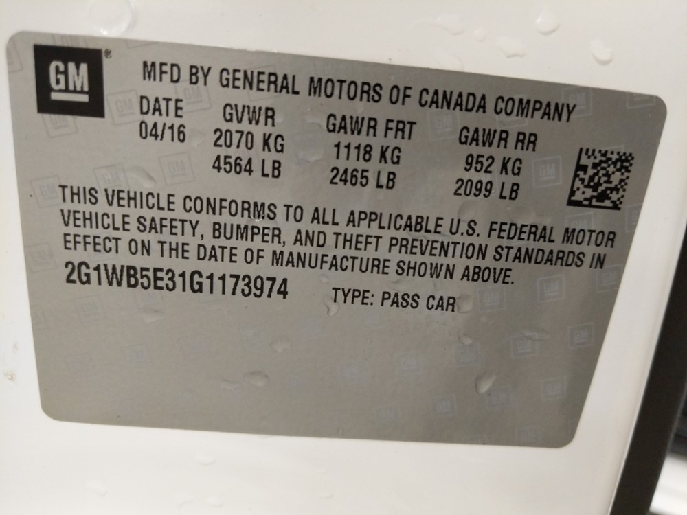 2016 Chevrolet Impala - VIN Plate