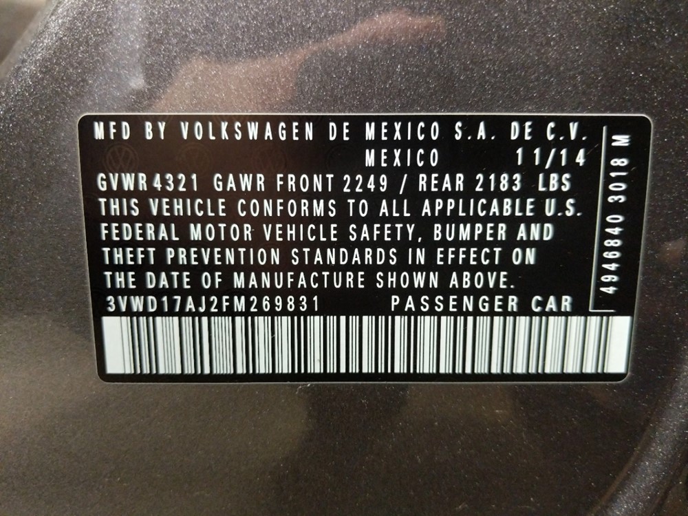 2015 Volkswagen Jetta - VIN Plate