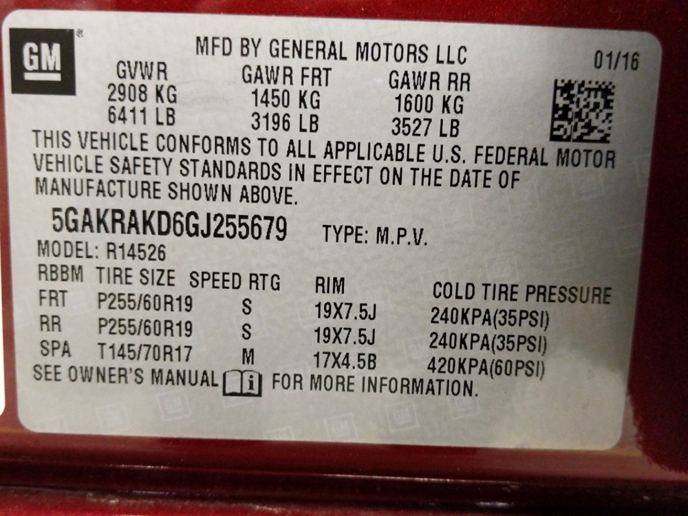 2016 Buick Enclave - VIN Plate