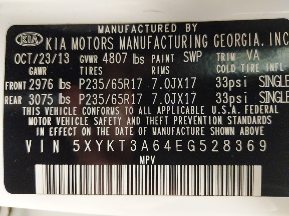 2014 Kia Sorento - VIN Plate