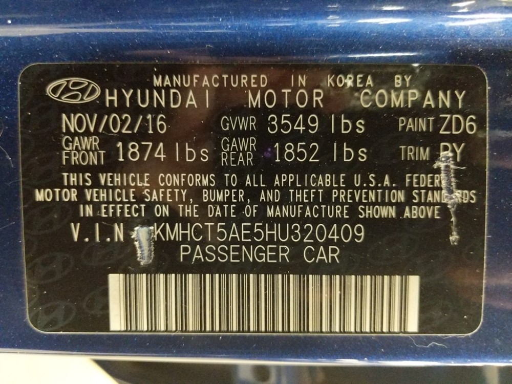 2017 Hyundai Accent - VIN Plate