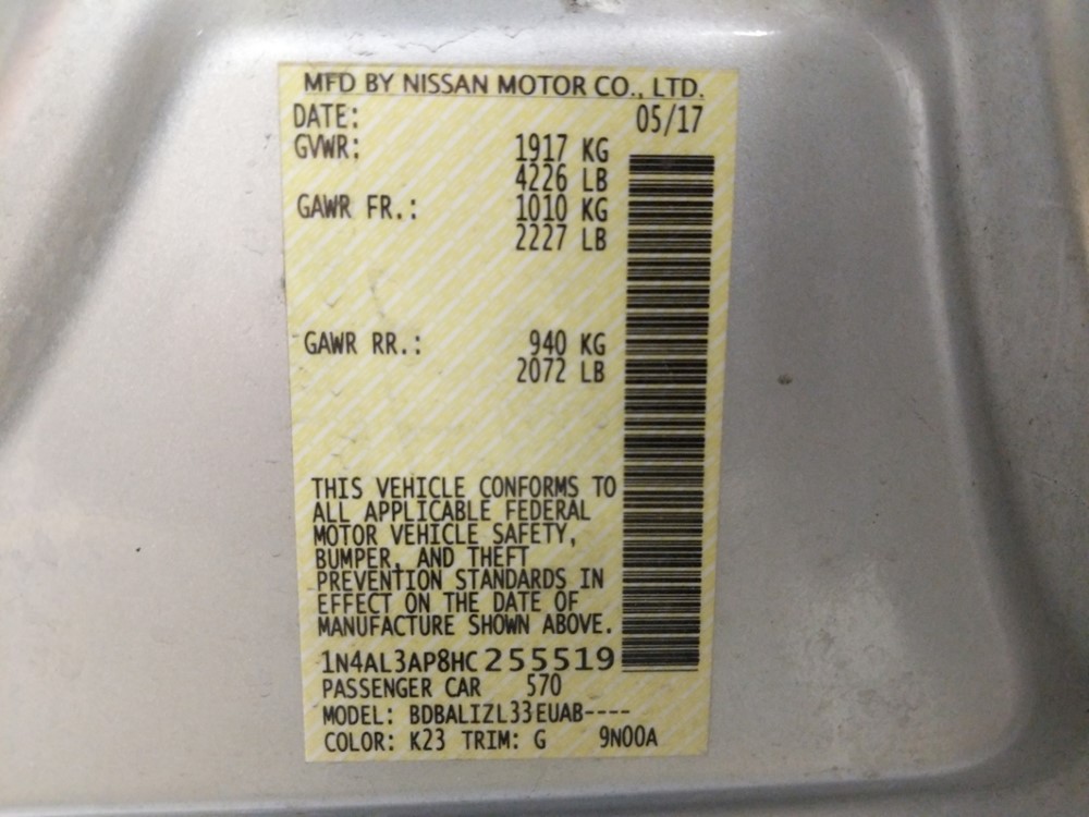 2017 Nissan Altima - VIN Plate