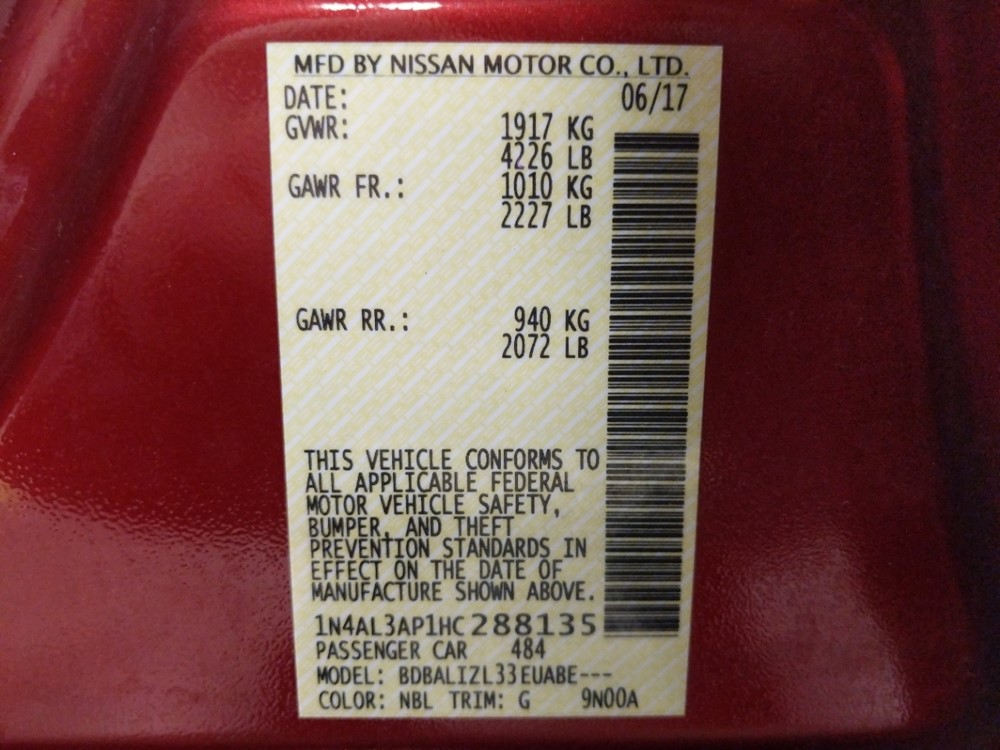 2017 Nissan Altima - VIN Plate