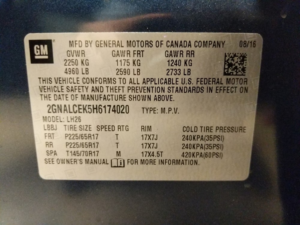 2017 Chevrolet Equinox - VIN Plate