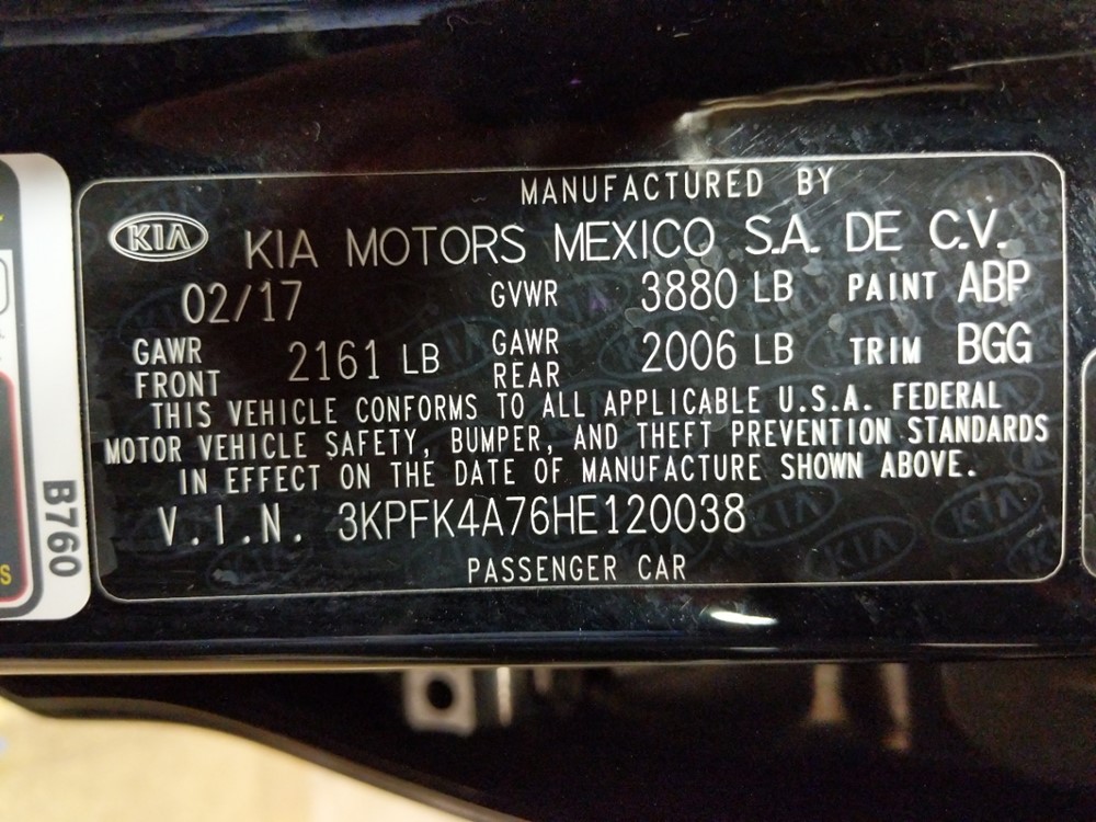 2017 Kia Forte - VIN Plate
