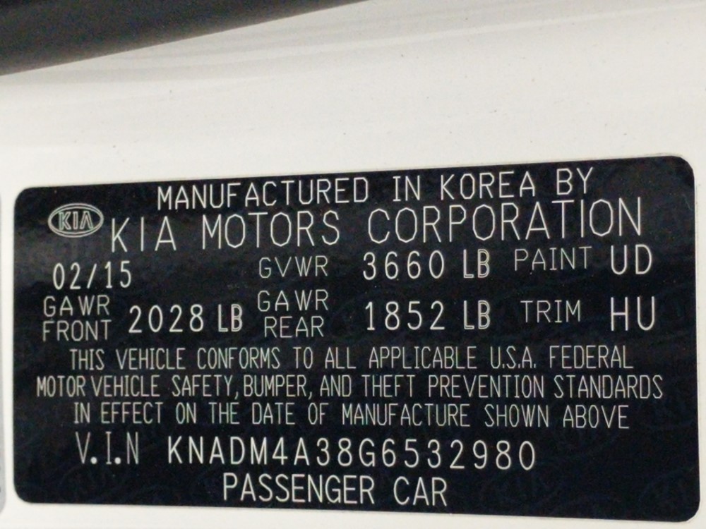 2016 Kia Rio - VIN Plate