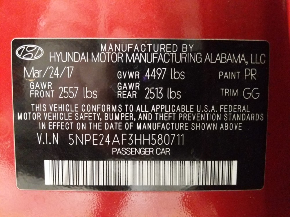 2017 Hyundai Sonata - VIN Plate