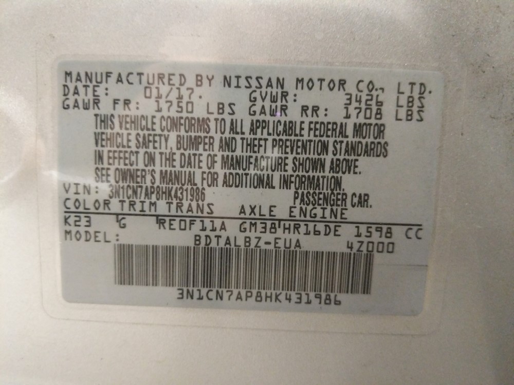 2017 Nissan Versa - VIN Plate