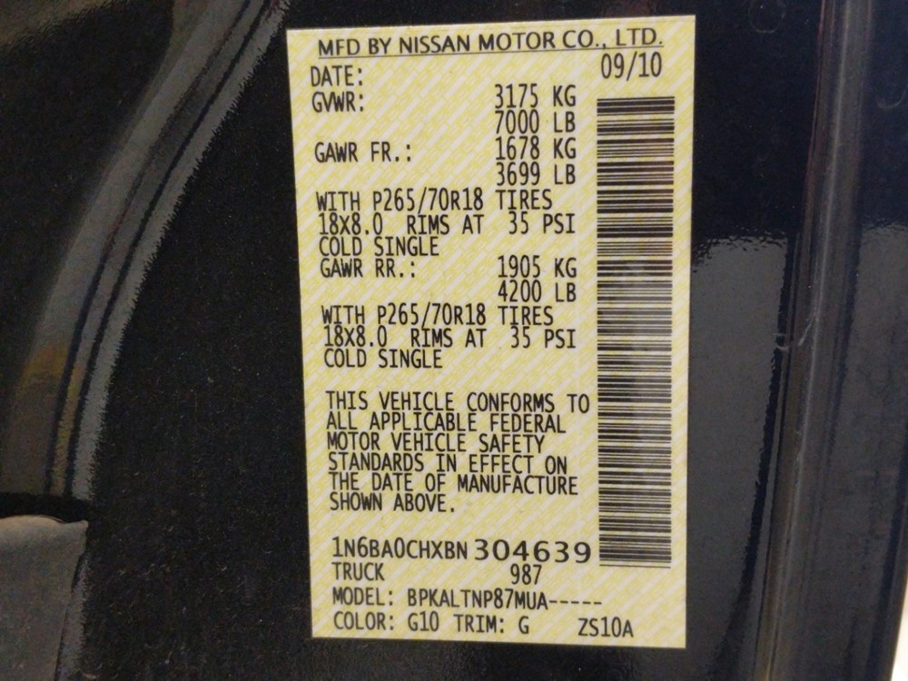 2011 Nissan Titan - VIN Plate