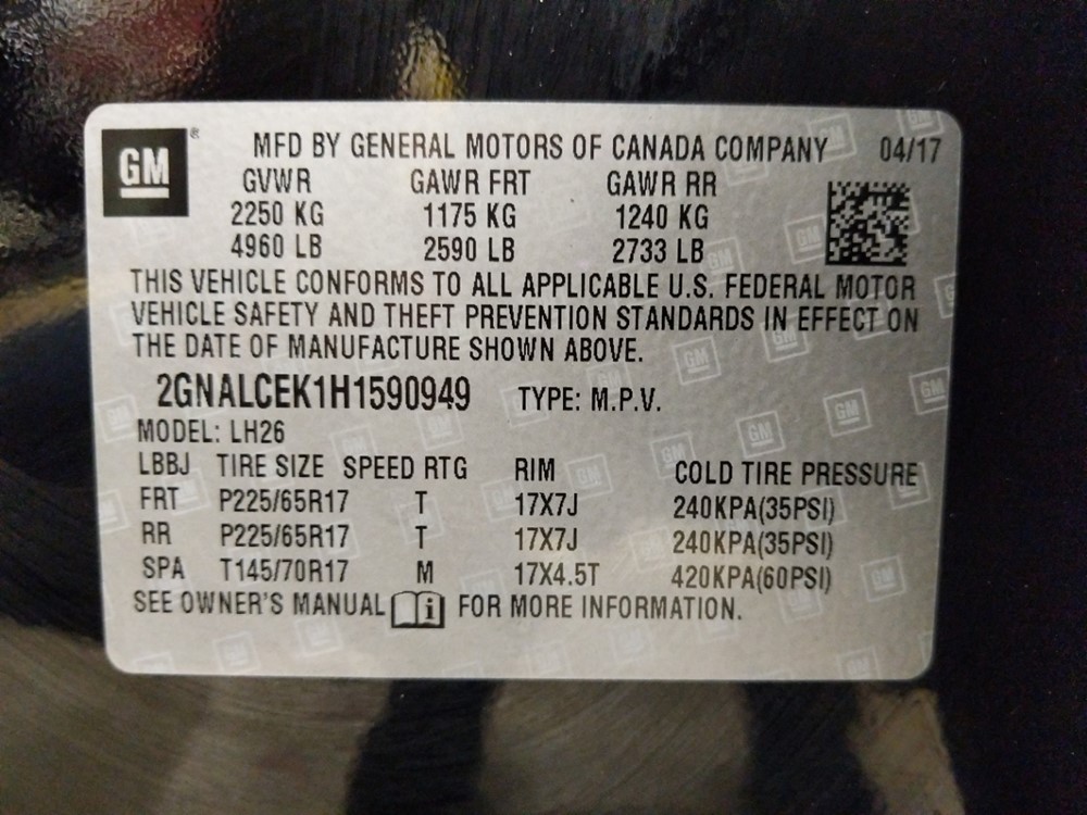 2017 Chevrolet Equinox - VIN Plate