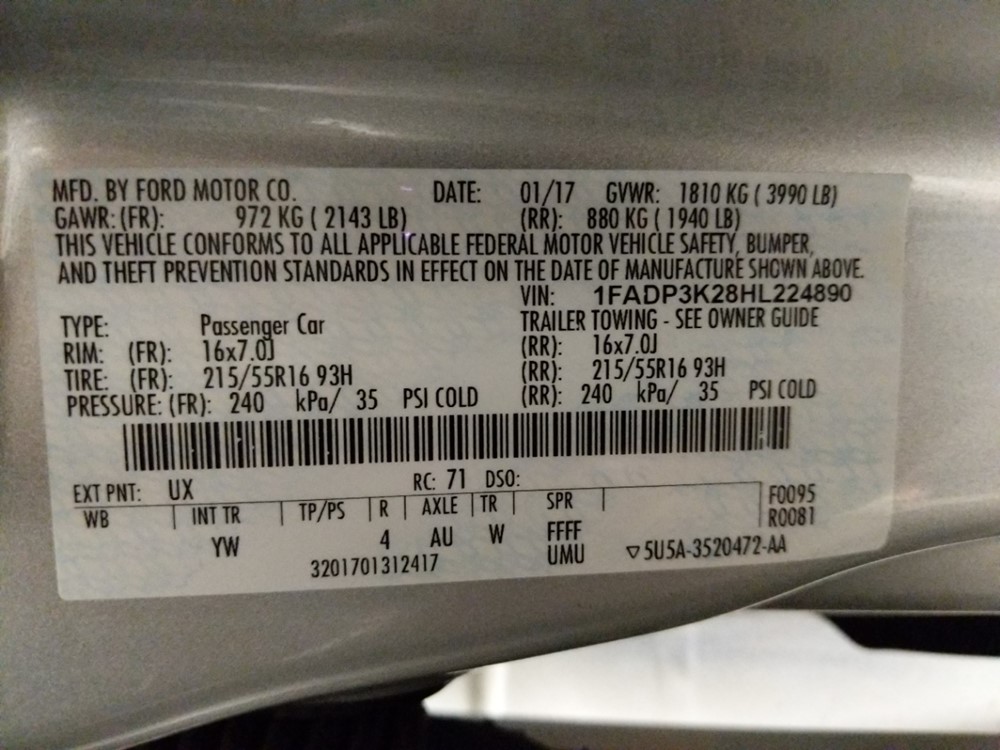 2017 Ford Focus - VIN Plate