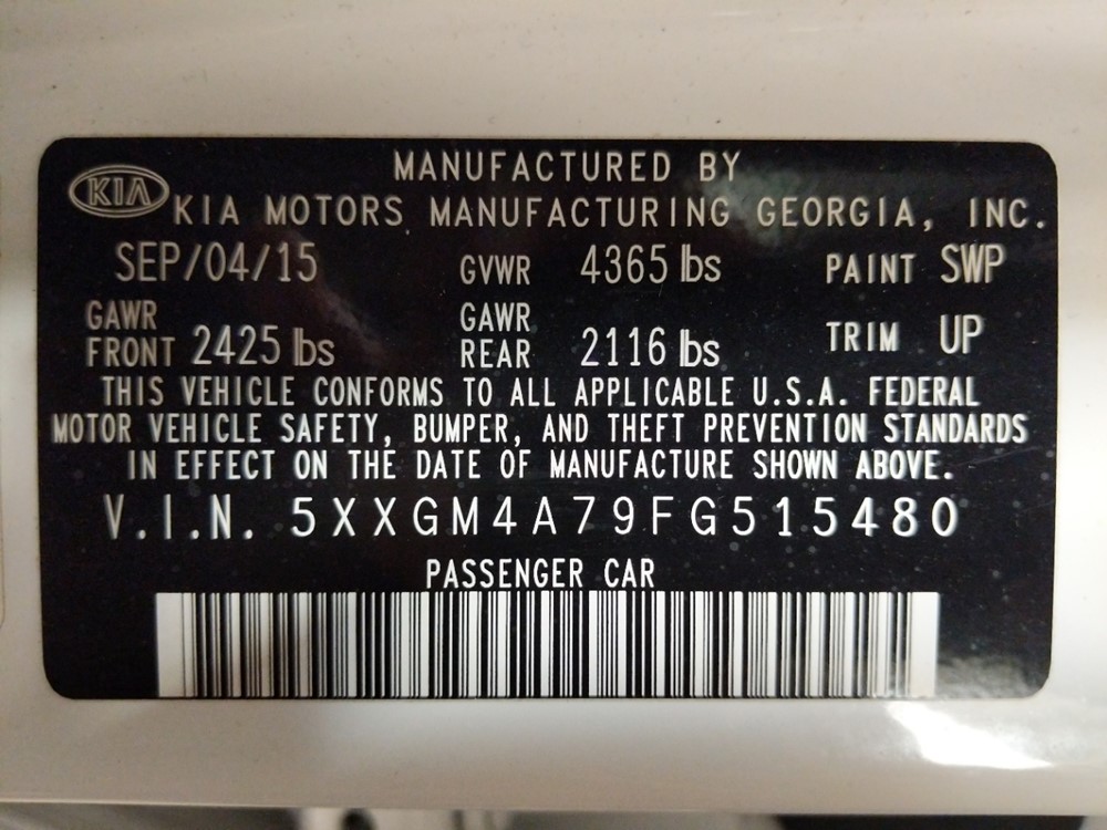 2015 Kia Optima - VIN Plate