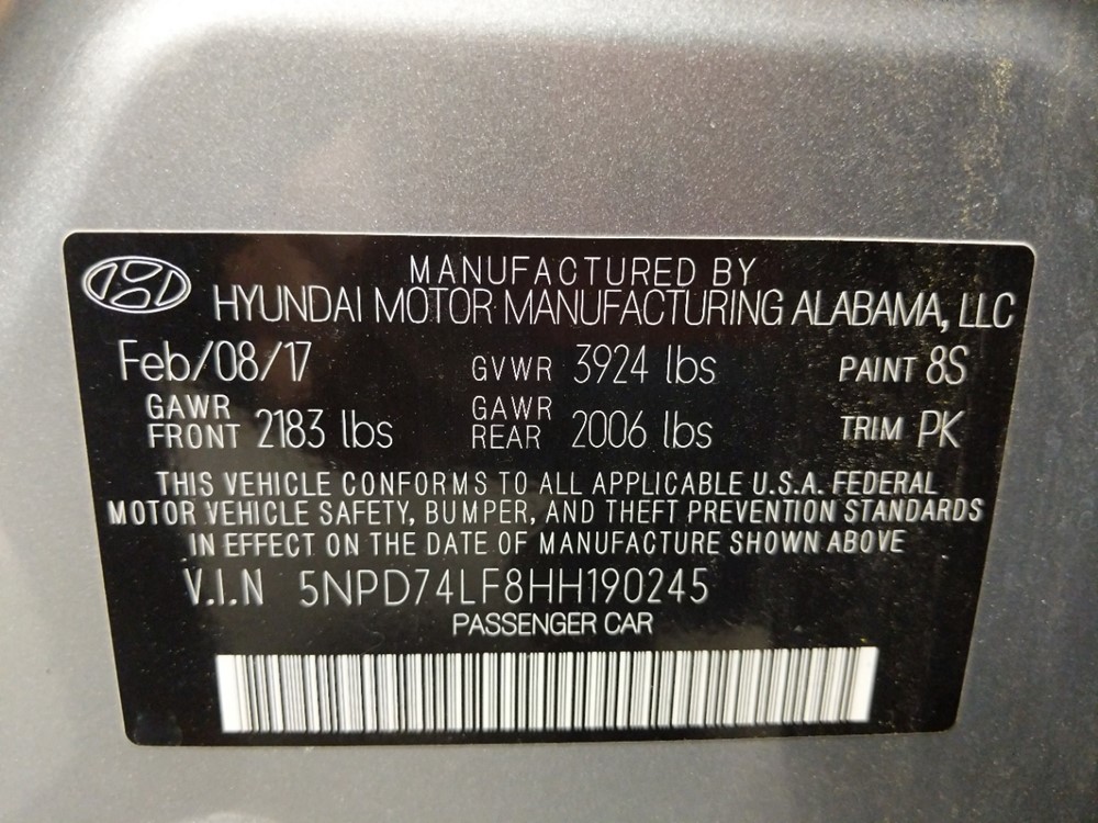 2017 Hyundai Elantra - VIN Plate