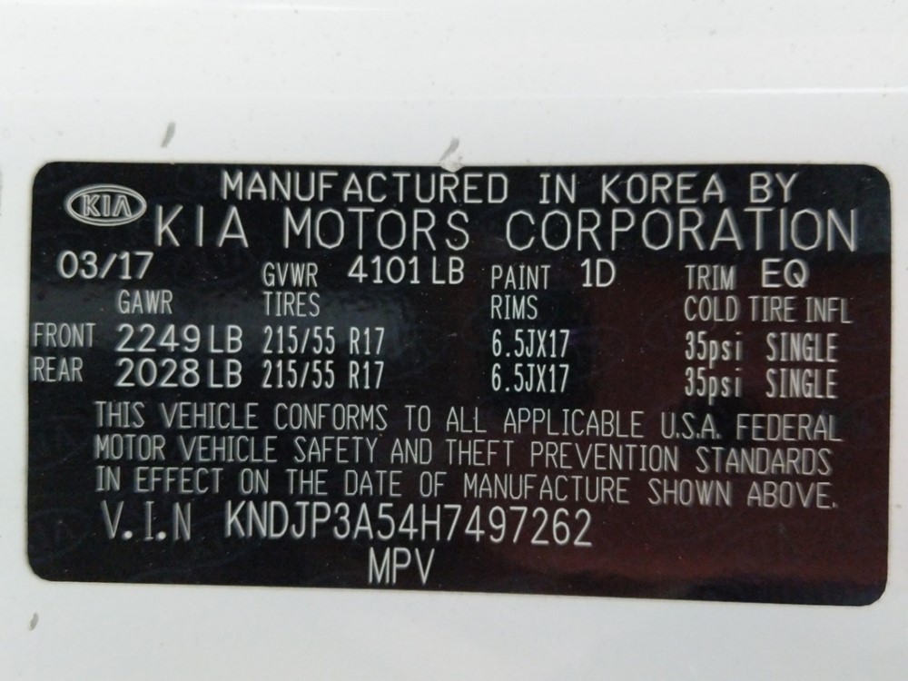2017 Kia Soul - VIN Plate