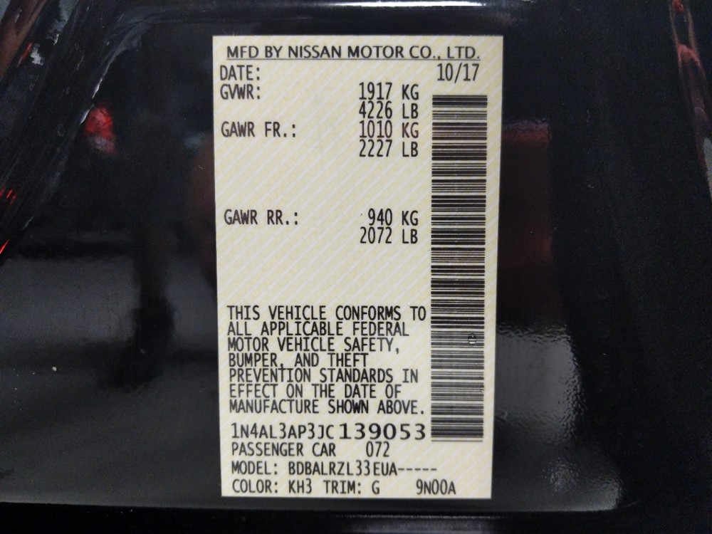 2018 Nissan Altima - VIN Plate