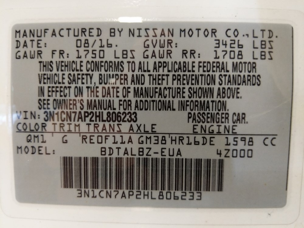 2017 Nissan Versa - VIN Plate