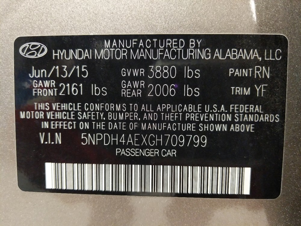 2016 Hyundai Elantra - VIN Plate