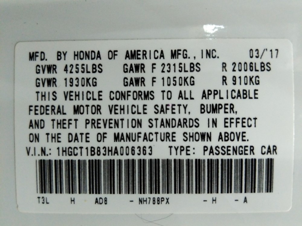 2017 Honda Accord - VIN Plate