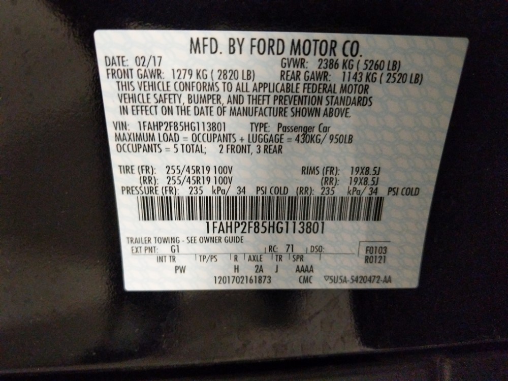2017 Ford Taurus - VIN Plate