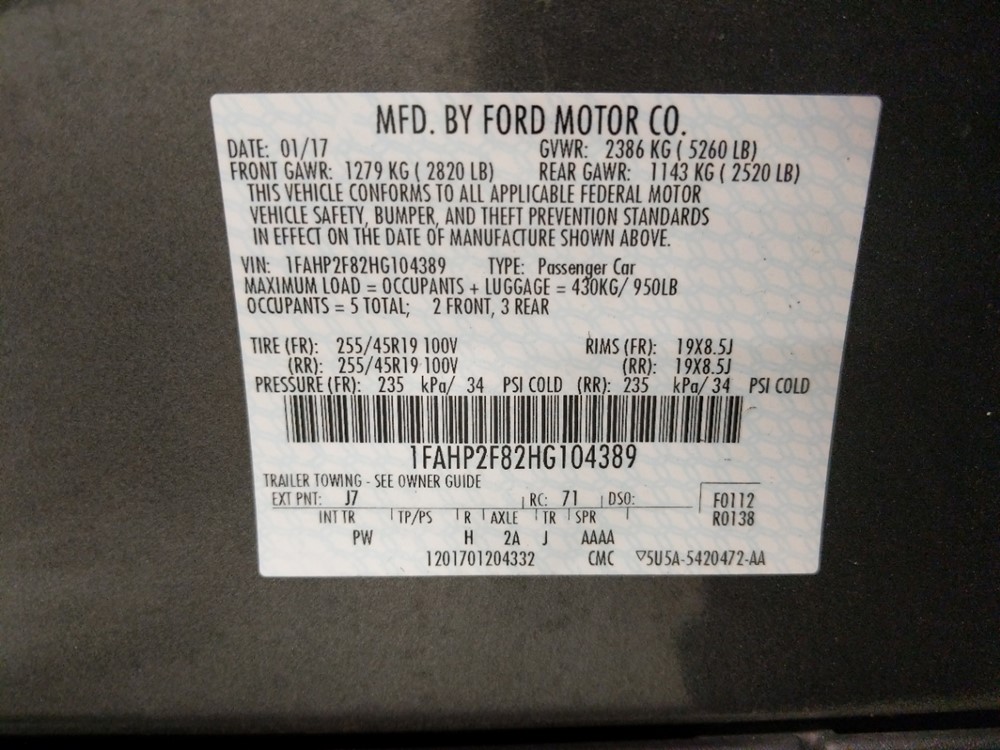 2017 Ford Taurus - VIN Plate