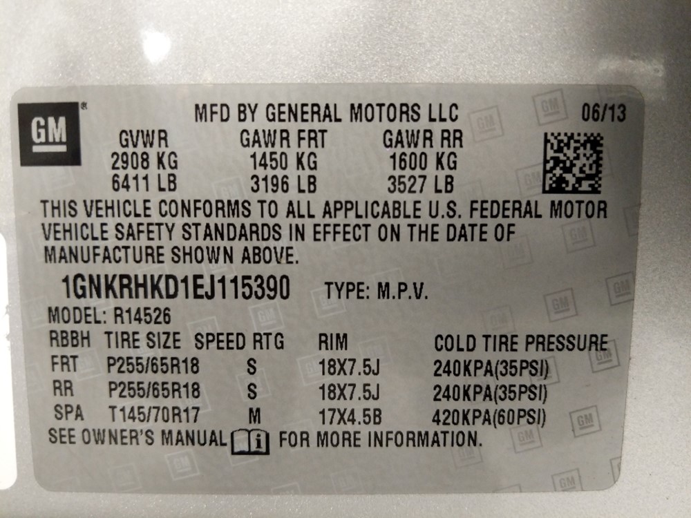 2014 Chevrolet Traverse - VIN Plate