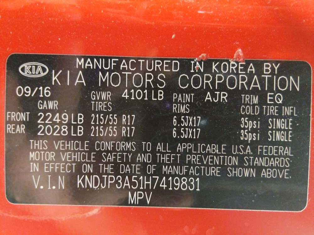 2017 Kia Soul - VIN Plate